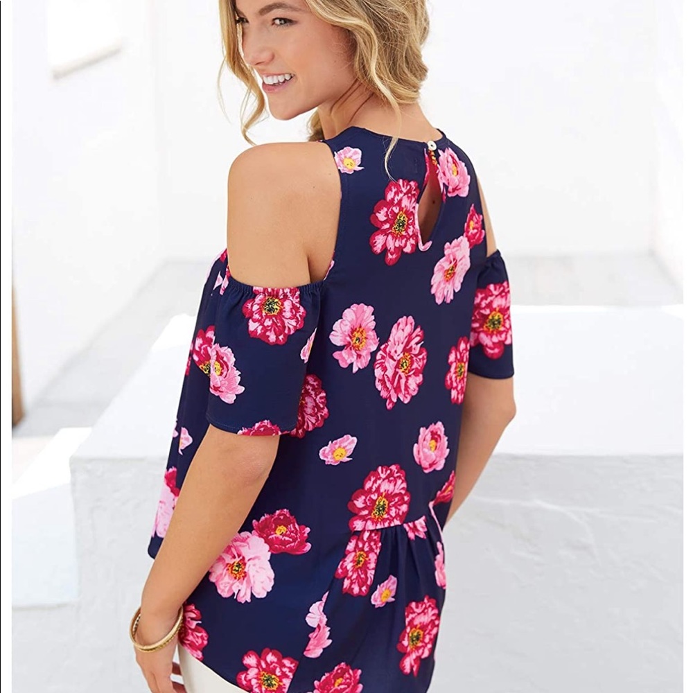 Mud Pie Lawson Top Blue Pink Floral Cold Shoulder NWT size Large L Lg NEW - Picture 4 of 13